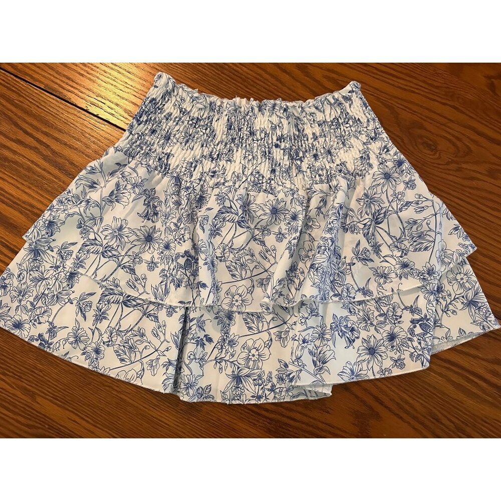 White and blue floral ruffled layered smocked skirt